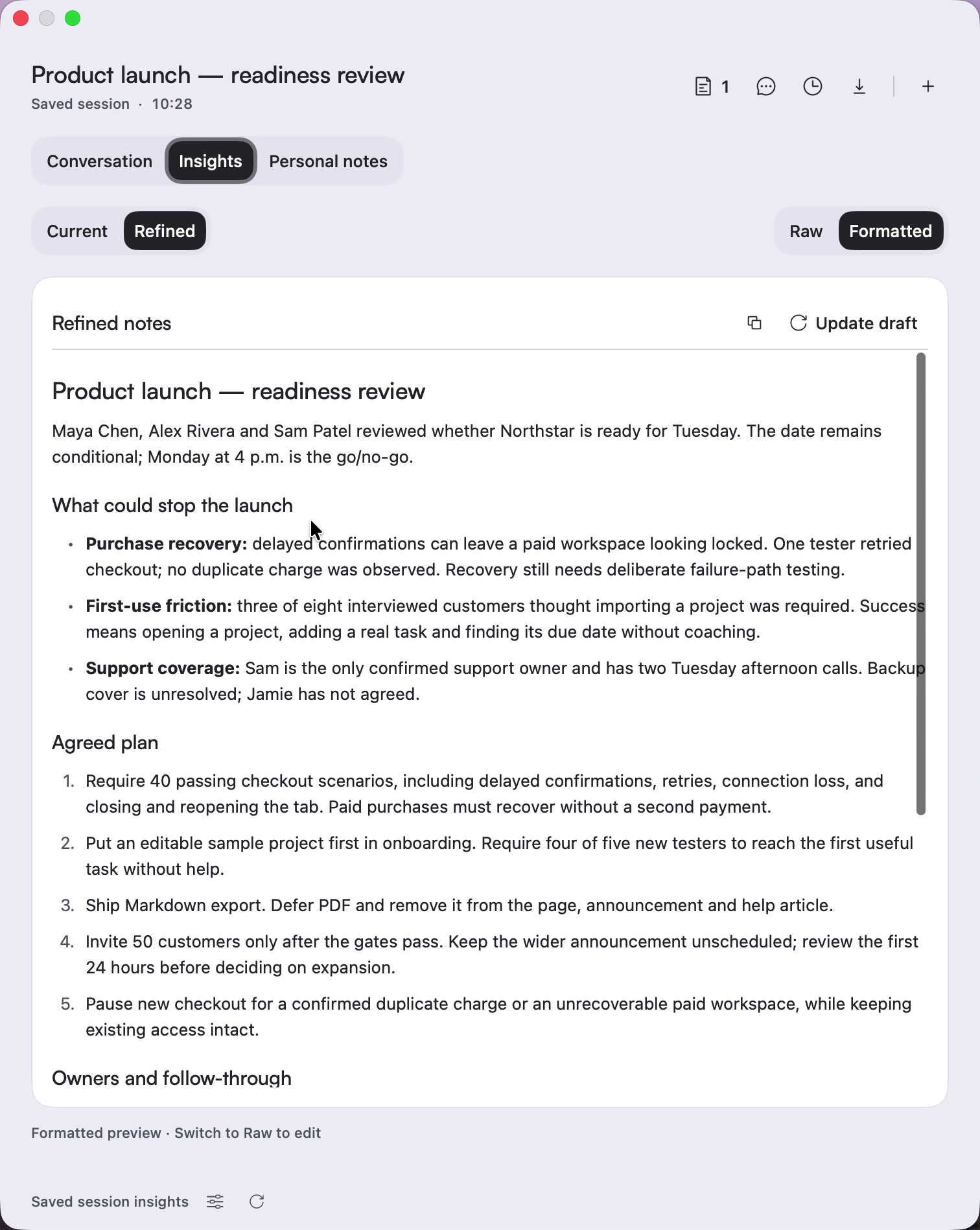 Stenox Notetaker showing insights from an example meeting