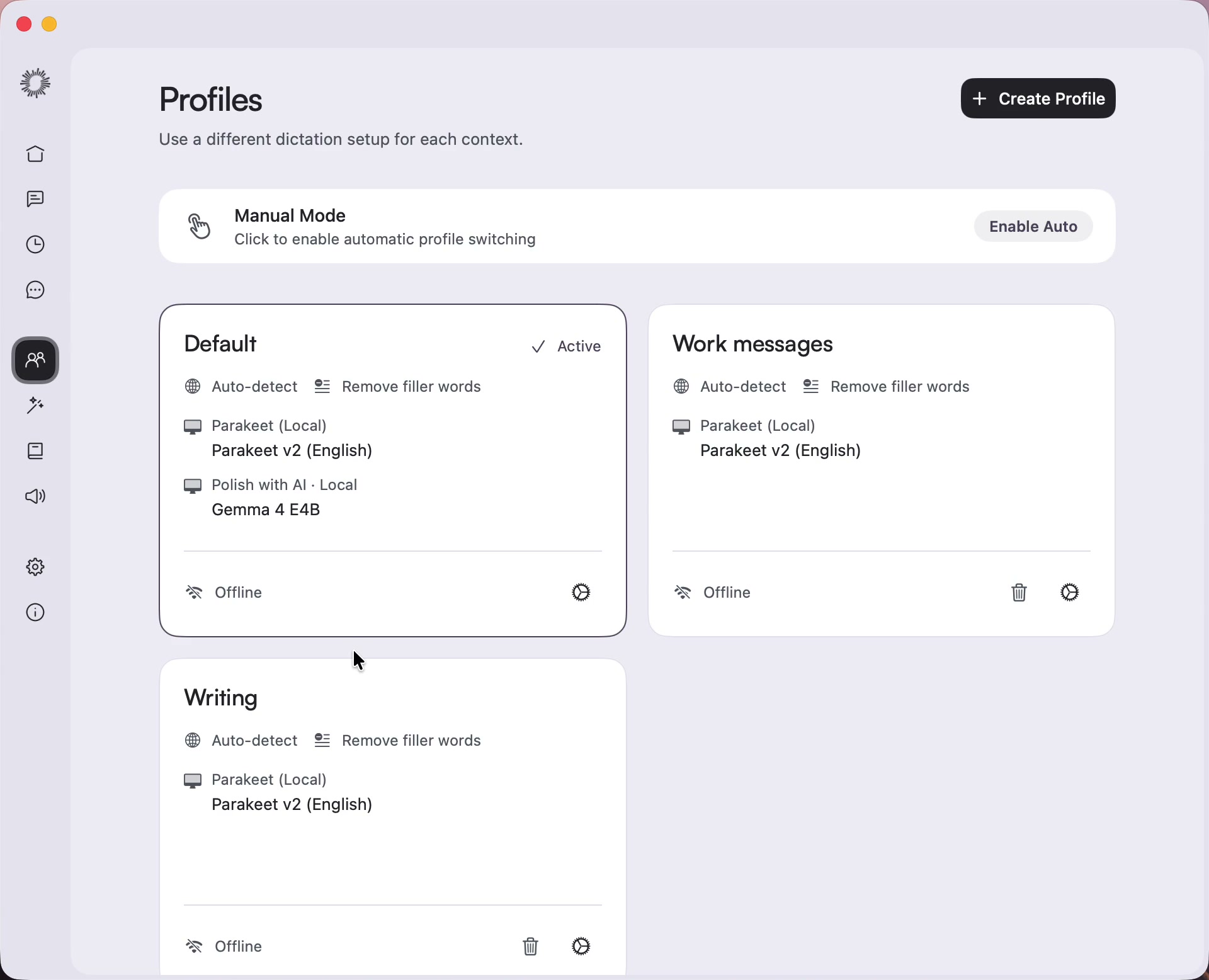 Stenox profiles with separate speech and writing settings for different contexts